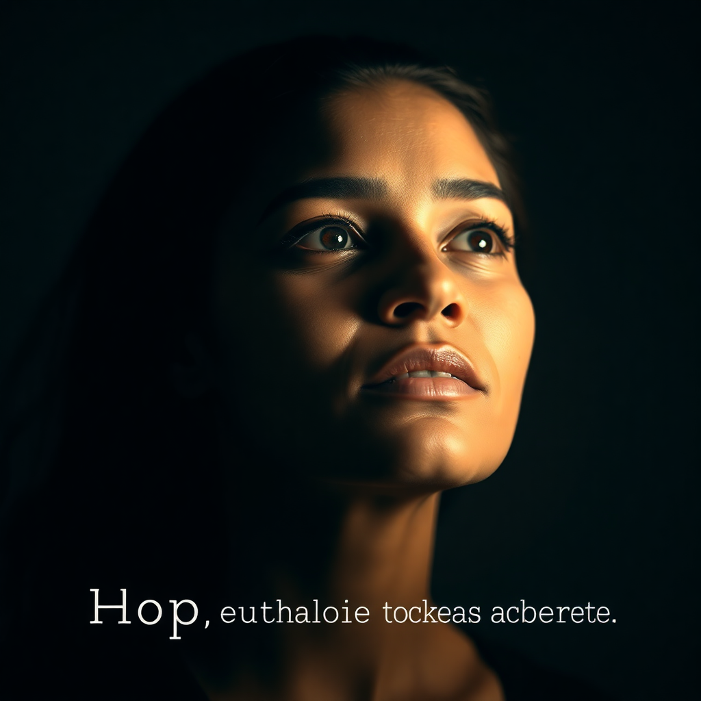 A powerful, emotionally resonant portrait of a diverse woman looking forward with quiet strength and resilience. The lighting is soft but dramatic, conveying hope emerging from darkness. A slight dark overlay for text contrast and mood. Modern, compassionate photography style.